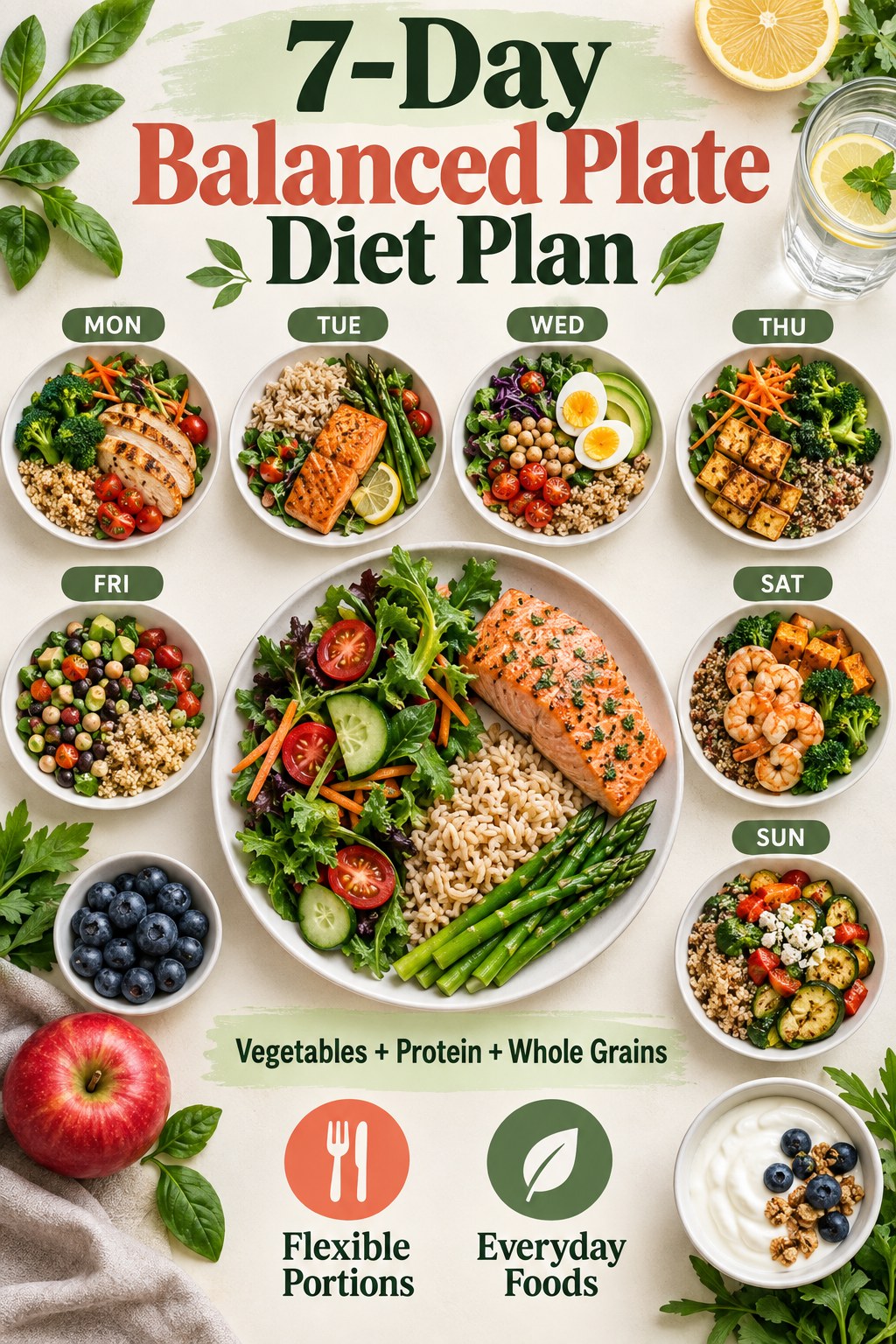 Portrait 7-day balanced plate diet plan infographic with varied meals and flexible portion callouts.