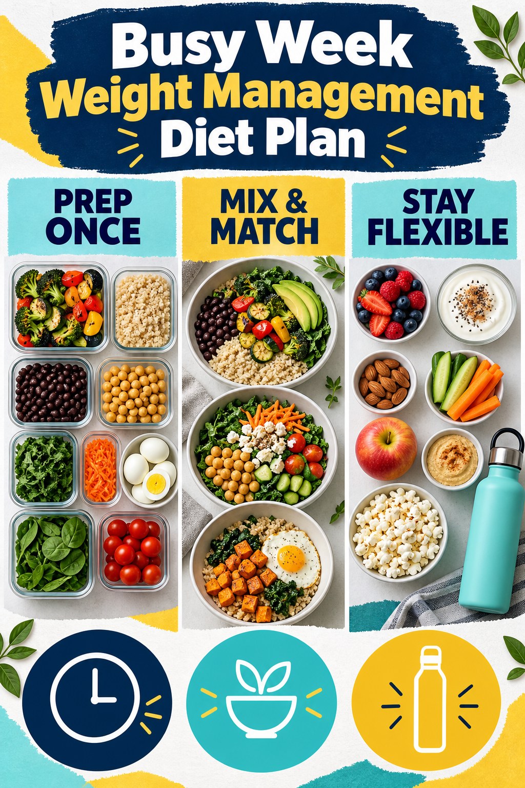 Navy and aqua busy-week weight management diet plan infographic with prep, mix-and-match meals, and snack ideas.