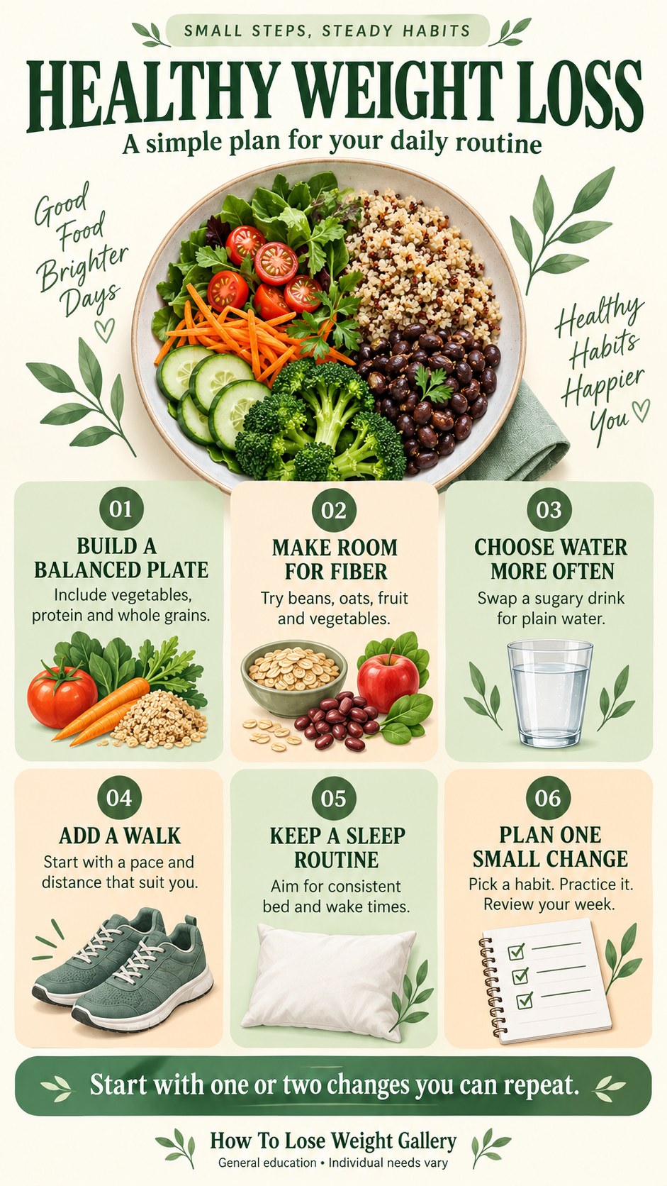 Healthy weight loss infographic showing a balanced plate and six habits: varied meals, fiber-rich foods, water, walking, consistent sleep and weekly planning.