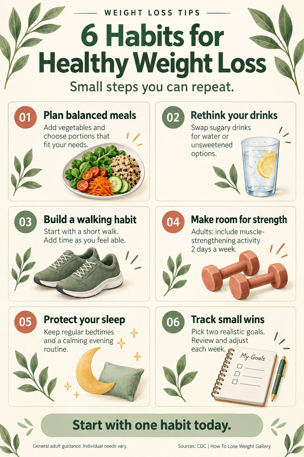 Infographic showing six healthy weight loss habits: balanced meals, water instead of sugary drinks, walking, strength activity, regular sleep, and tracking realistic goals.