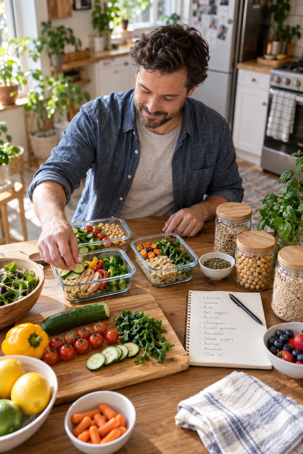 Adult man arranging vegetables, grains, and glass containers at a sunlit kitchen table.
