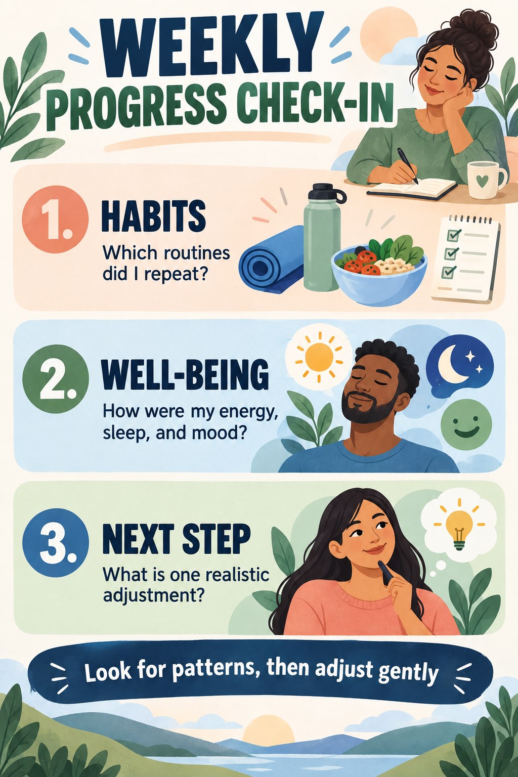 Navy, sage, peach, and blue weekly progress infographic with sections for habits, well-being, and one realistic next step.