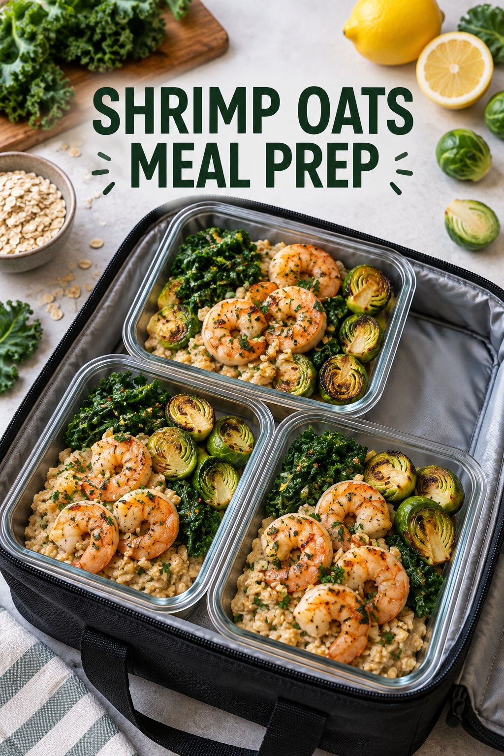 Three containers of hearty shrimp oats prep boxes with shrimp, oats, kale, and Brussels sprouts.