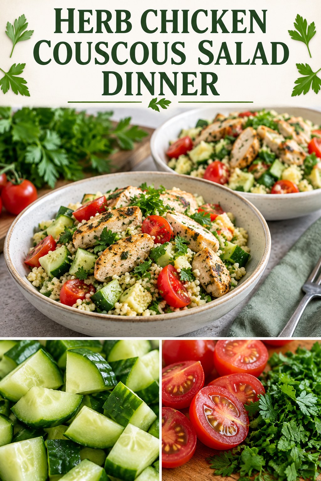 Two servings of herb chicken couscous salad dinner made with chicken, couscous, and vegetables.