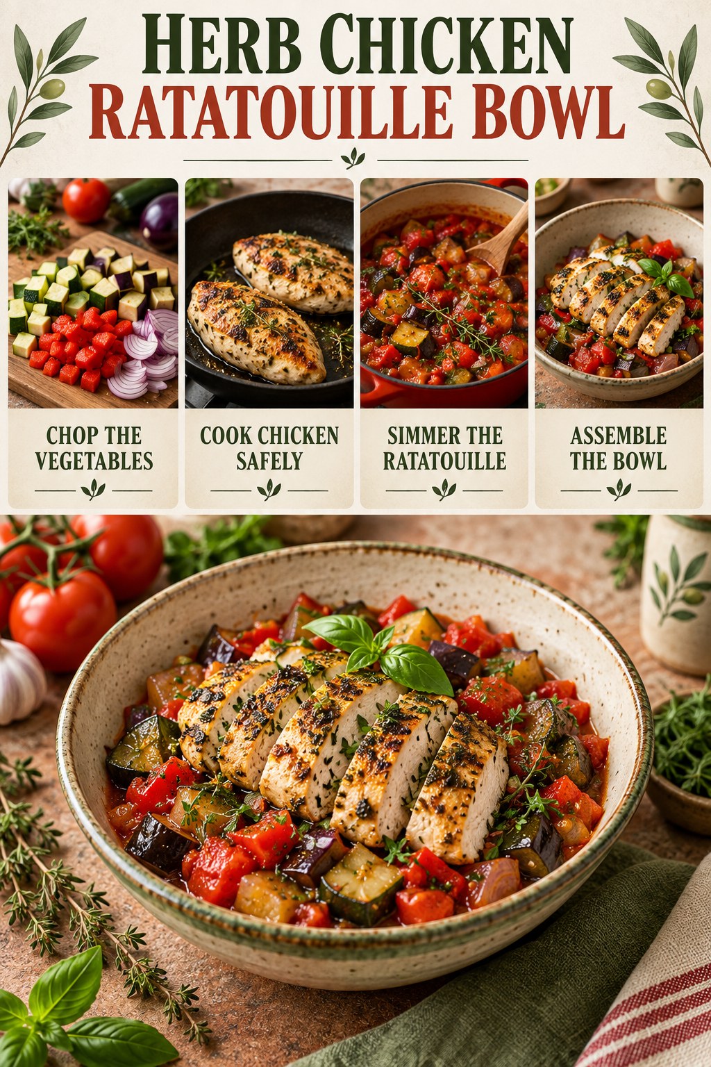 Herb chicken ratatouille bowl infographic showing chopped vegetables, safely cooked chicken, simmered ratatouille, and the assembled bowl.