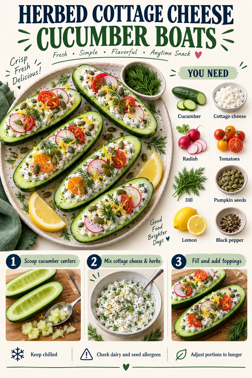 Cottage cheese cucumber boats infographic with radish, tomatoes, dill, pumpkin seeds, lemon, and three assembly steps.