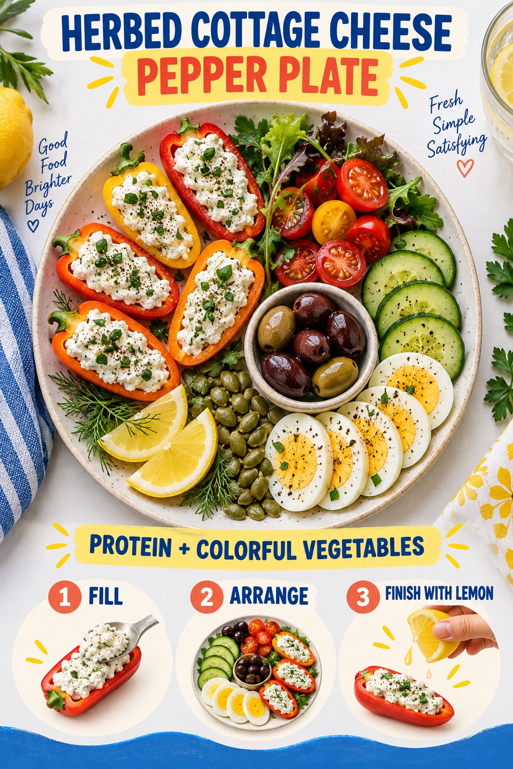 Mini peppers filled with herbed cottage cheese beside egg, cucumber, tomatoes, olives, greens, lemon, and pumpkin seeds.