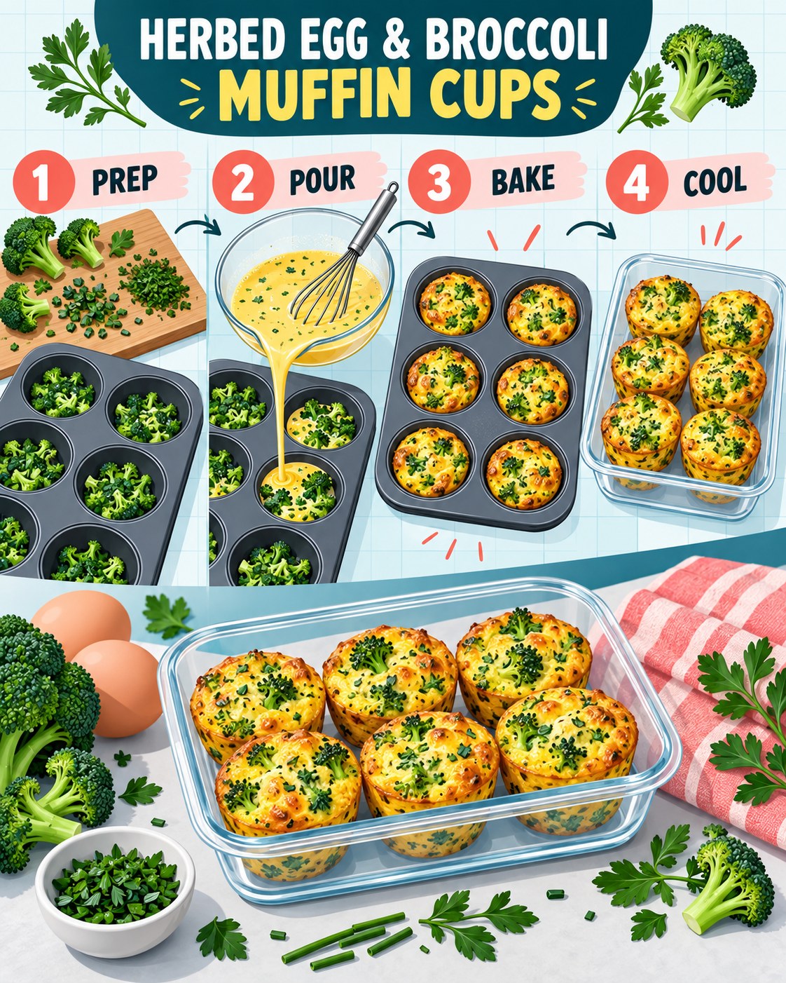 Teal, coral, pink, and yellow infographic showing broccoli, herbs, whisked egg, a muffin tin, and baked egg cups.