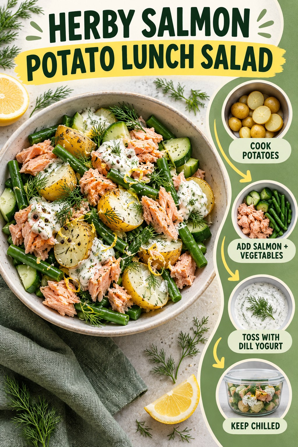Salmon and baby potato lunch salad with cucumber, green beans, dill yogurt, and four preparation steps.