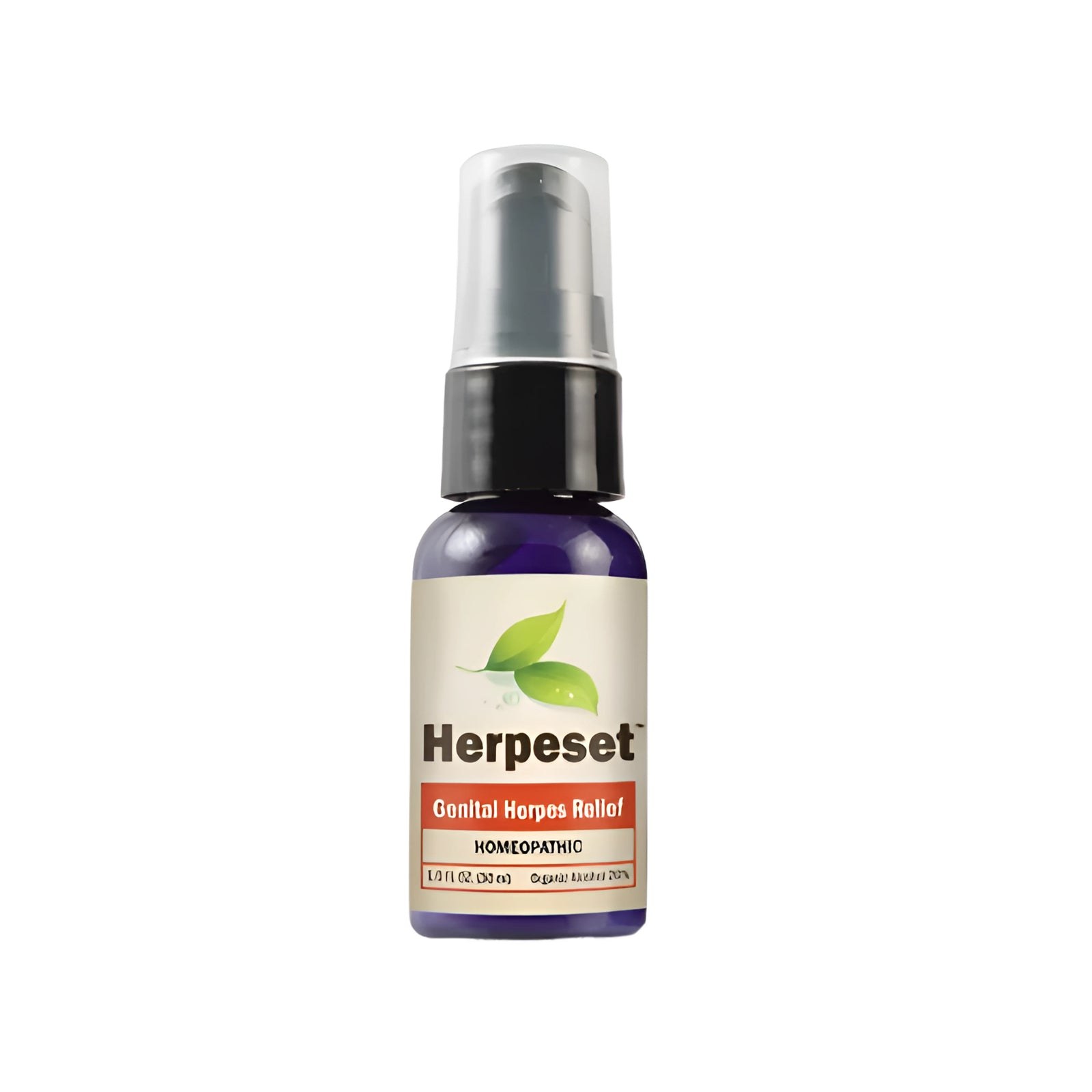 Herpeset purple pump spray bottle with a homeopathic herpes relief label and 30 mL volume