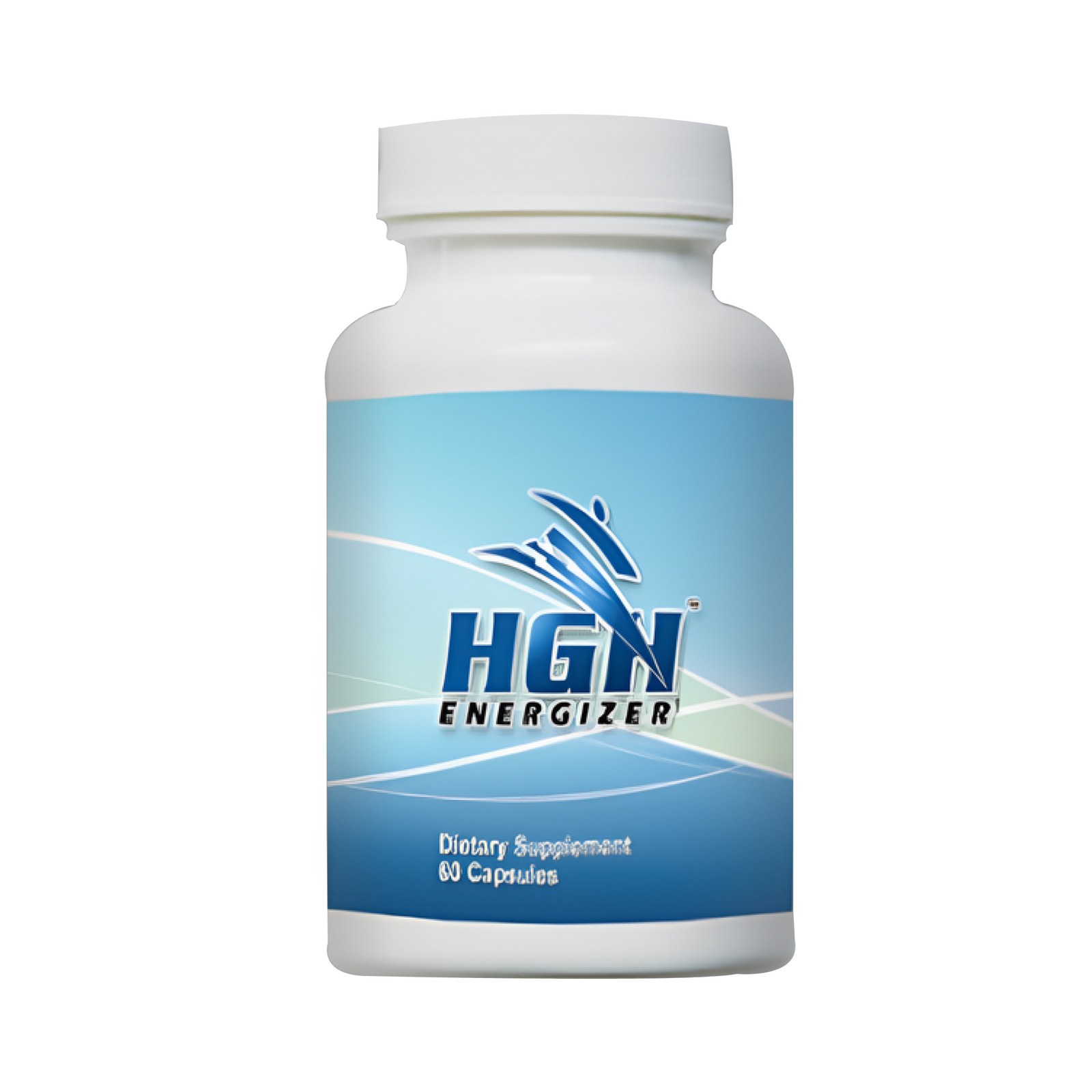 HGH Energizer white bottle with a blue label identifying a dietary supplement and 60 capsules