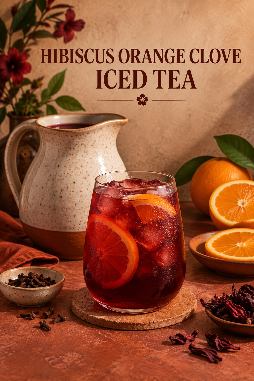 Stemless glass of ruby hibiscus iced tea with orange slices beside a ceramic pitcher, whole cloves, and dried hibiscus.