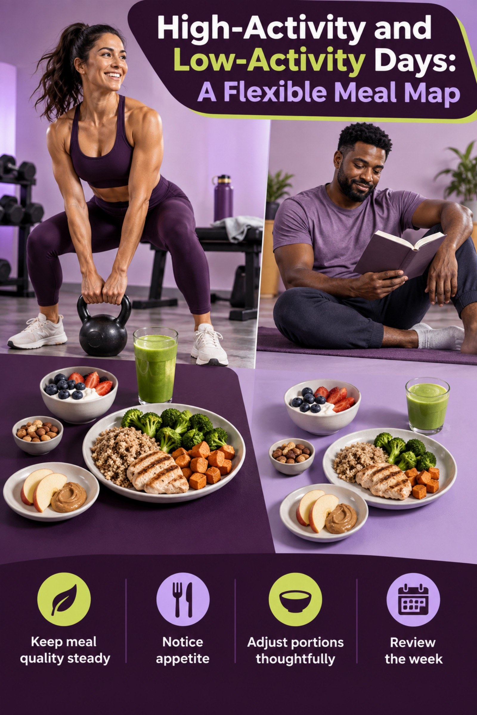 Two-day map showing the same core foods in different arrangements. The image supports High-Activity and Low-Activity Days: A Flexible Meal Map.