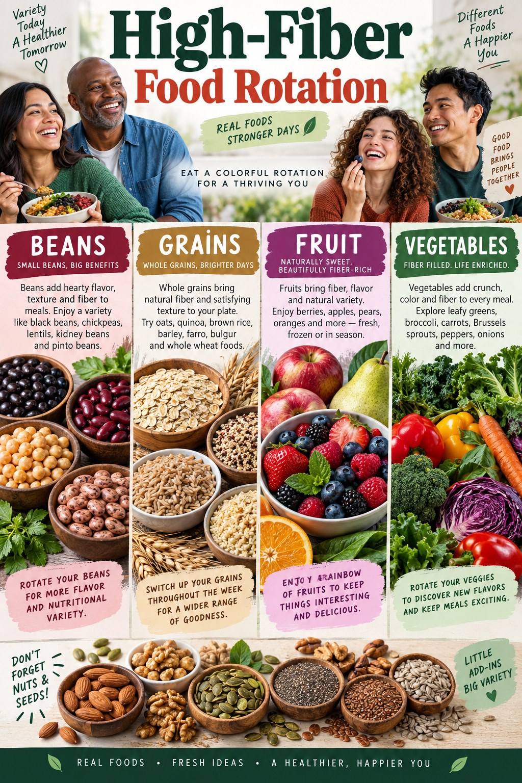 Portrait infographic showing a high-fiber food rotation with beans, grains, fruit, vegetables, nuts, and seeds.