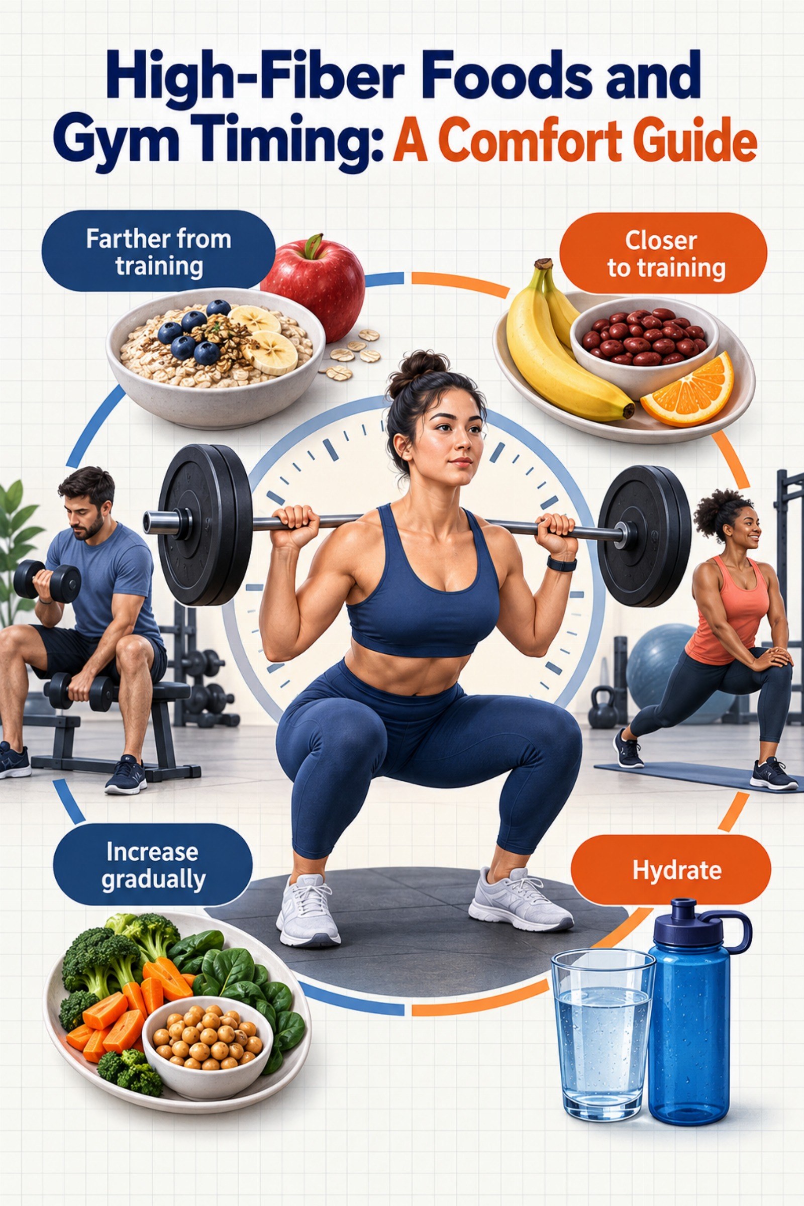 Fiber-food clock around a gym session with beans, oats, fruit, and vegetables. The image supports High-Fiber Foods and Gym Timing: A Comfort Guide.