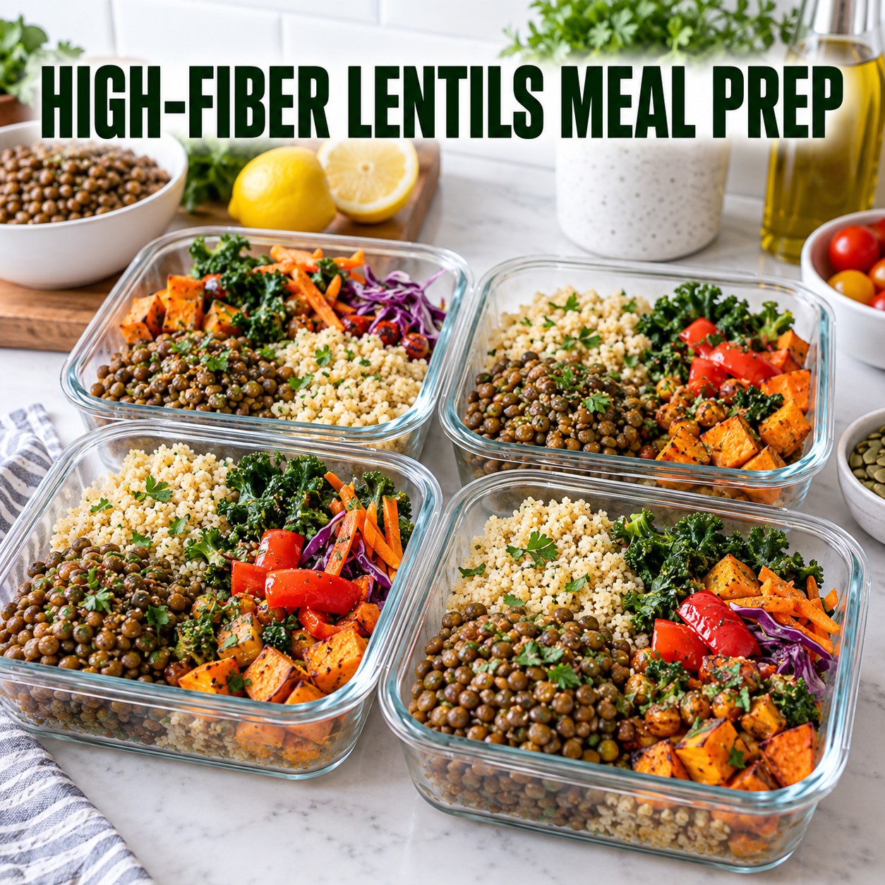 Three containers of high-fiber lentils couscous prep boxes with lentils, couscous, asparagus, and broccoli.
