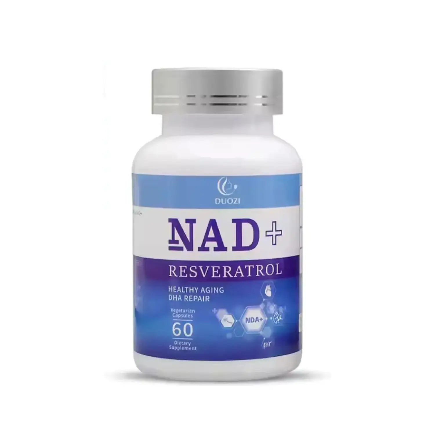 NAD+ supplement bottle with a silver cap and blue and purple label, as pictured by HealthBuy