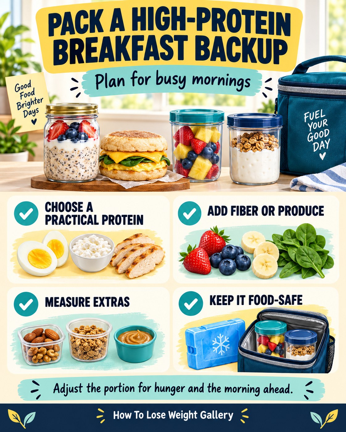 Portable high-protein breakfast infographic with protein choices, fruit and fiber, measured extras, and an insulated cooler bag
