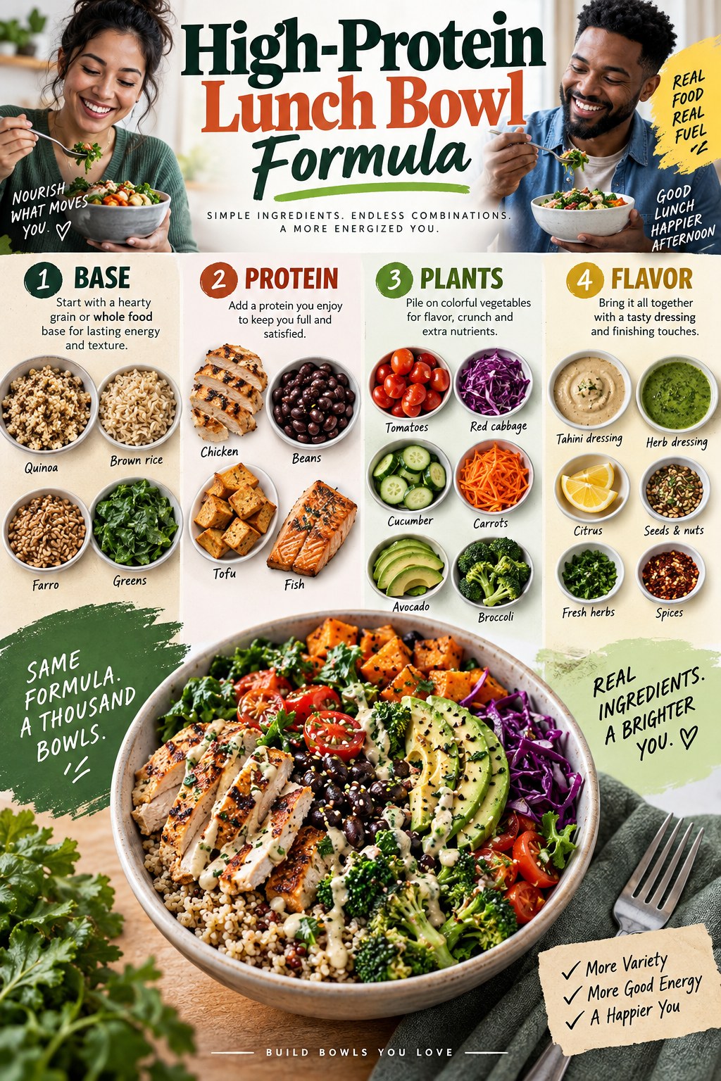 Portrait infographic showing a lunch bowl formula with grains or potatoes, beans chicken tofu or fish, colorful vegetables, sauces, herbs and crunchy toppings.