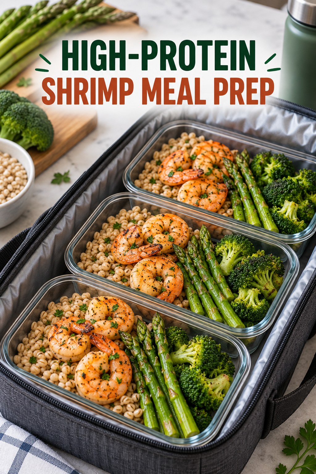 Three containers of high-protein shrimp barley prep boxes with shrimp, barley, asparagus, and broccoli.