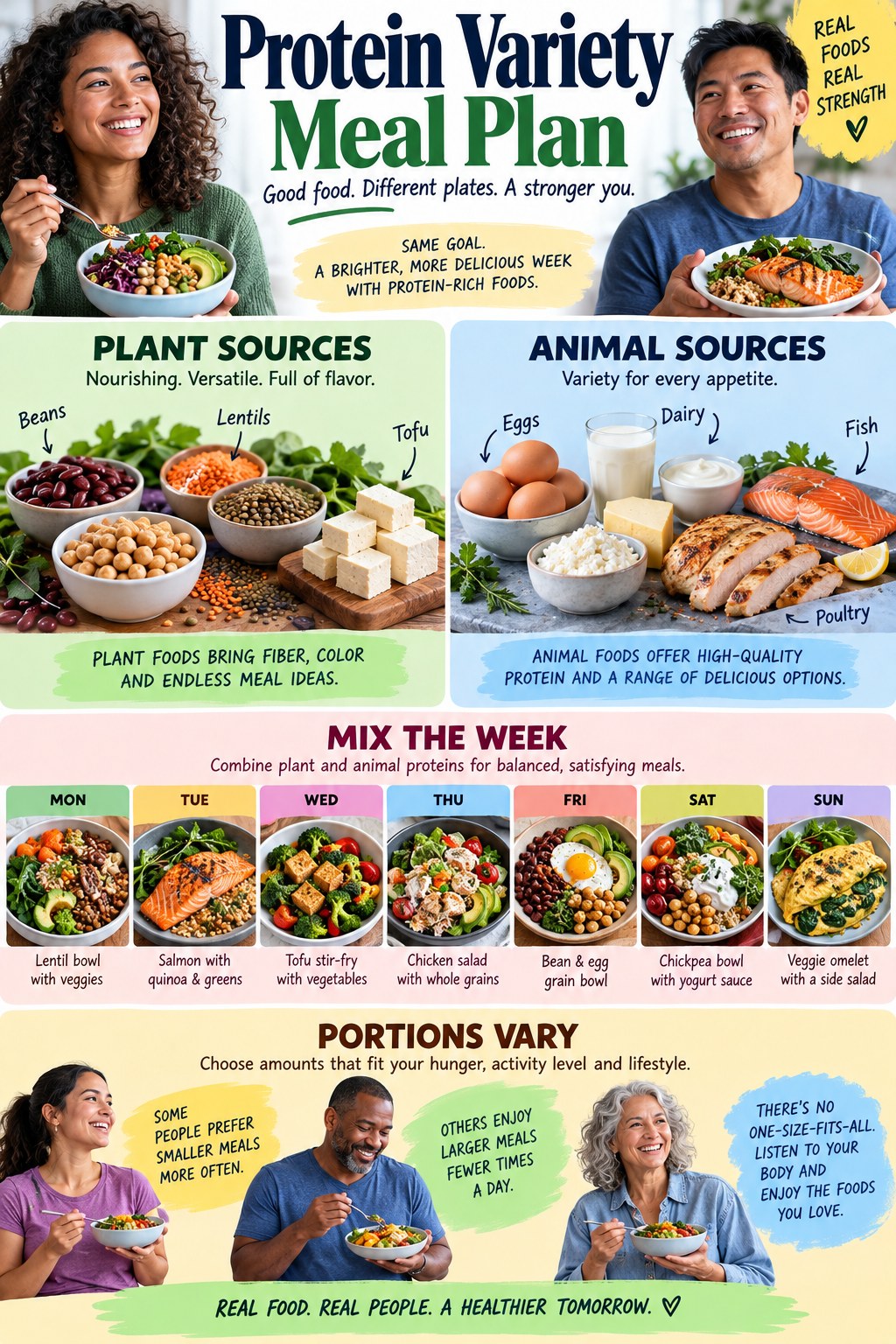 Portrait infographic showing high-protein snack pairings: yogurt and fruit, eggs and crackers, hummus and vegetables, and edamame with flexible packing cues.