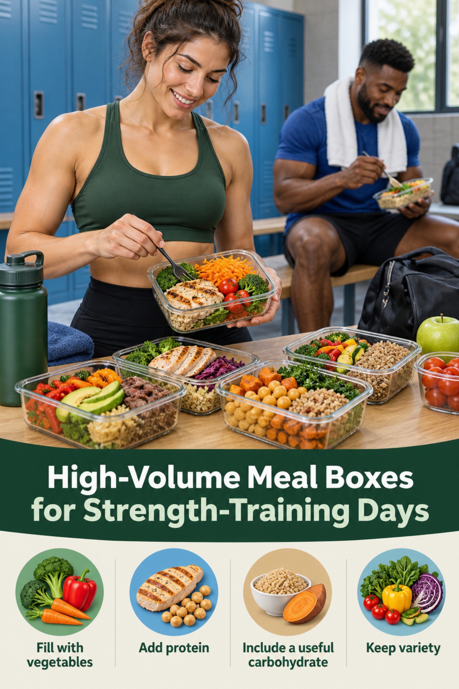 Colorful meal boxes featuring vegetables, protein, and grains. The image supports High-Volume Meal Boxes for Strength-Training Days.