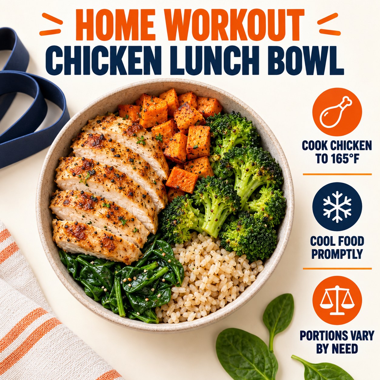 Infographic for a home-workout chicken sweet potato lunch bowl with chicken temperature, cooling, and flexible portion reminders