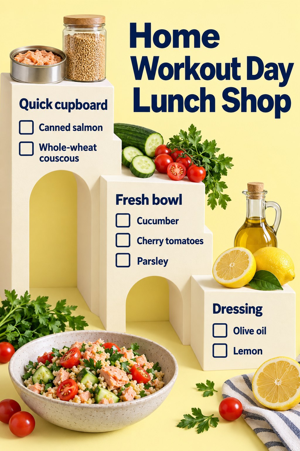 Yellow and navy stepped grocery list with canned salmon, whole-wheat couscous, cucumber, tomatoes, parsley, olive oil and lemon.