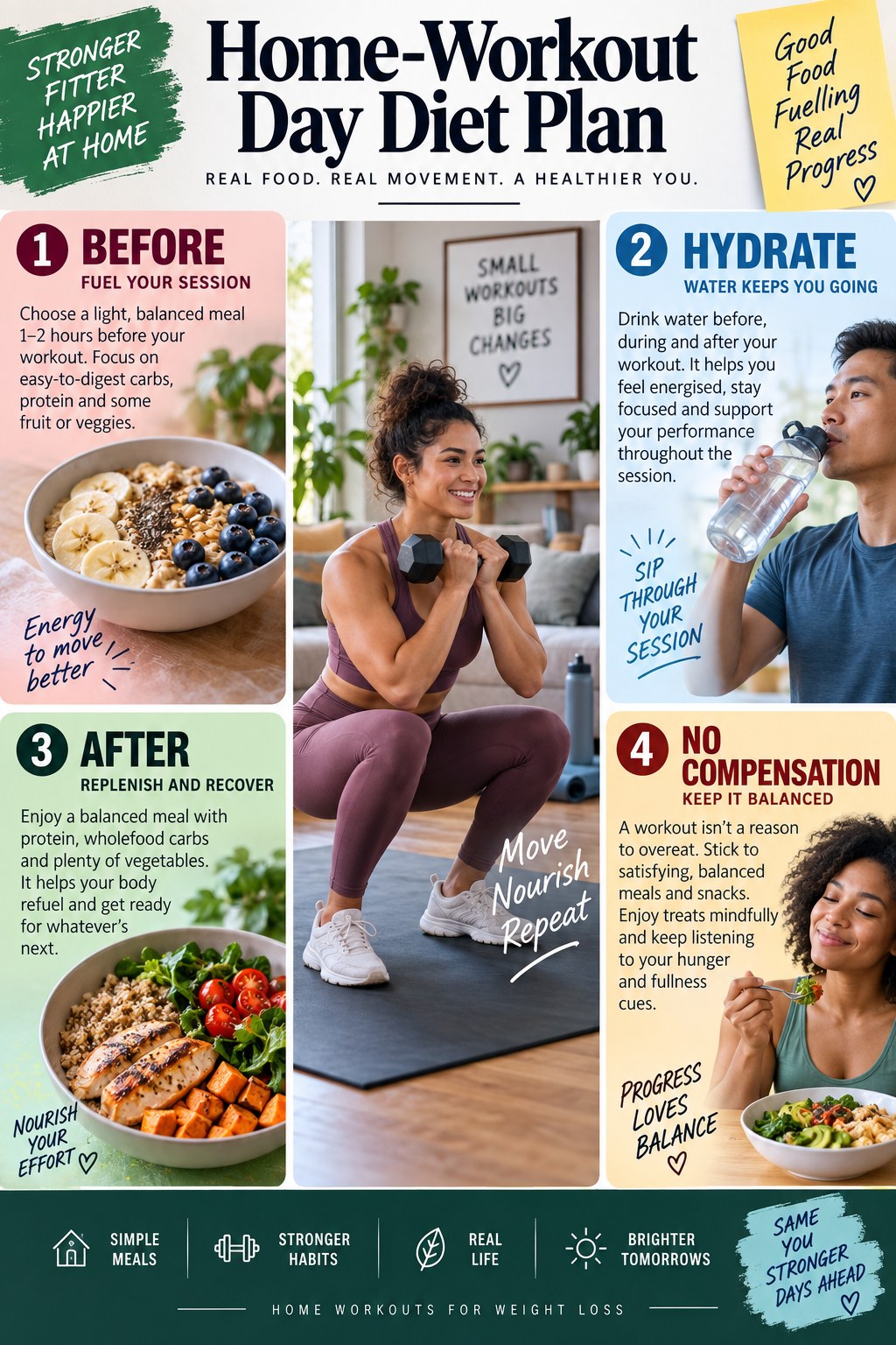 Portrait infographic showing a home-workout day diet plan with a pre-workout meal, water, strength exercise, recovery meal, and no compensation.