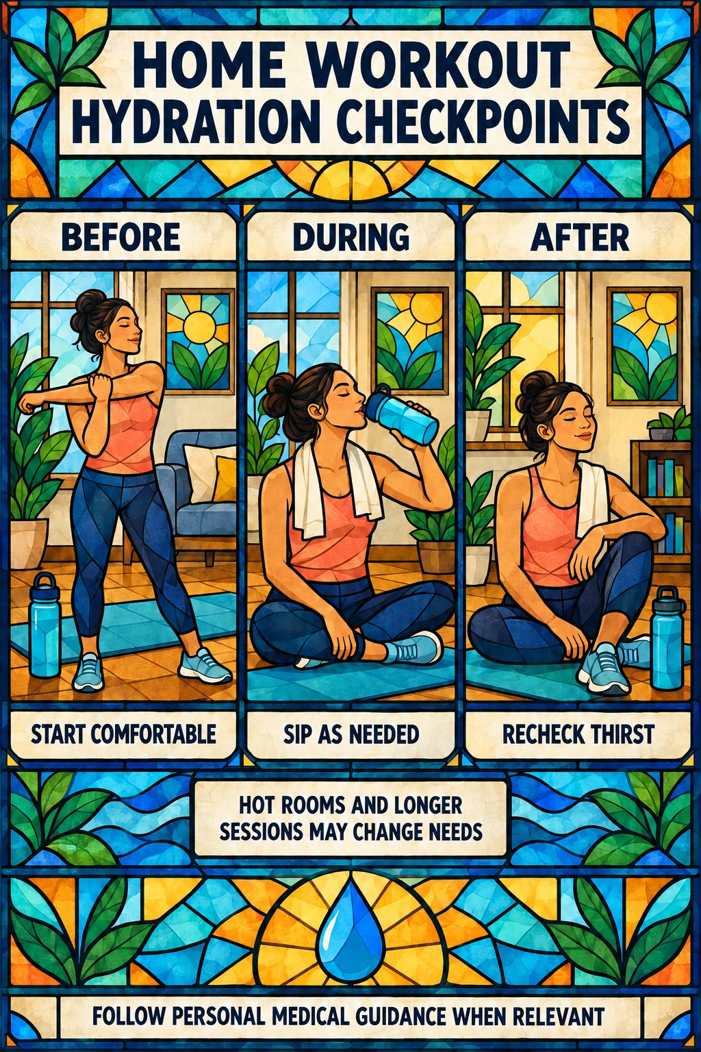 Stained-glass infographic showing hydration checkpoints before, during, and after a home workout.