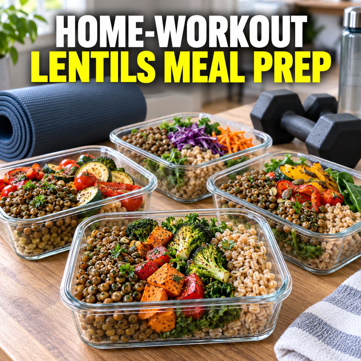 Three containers of home-workout lentils farro prep boxes with lentils, farro, spinach, and tomato.