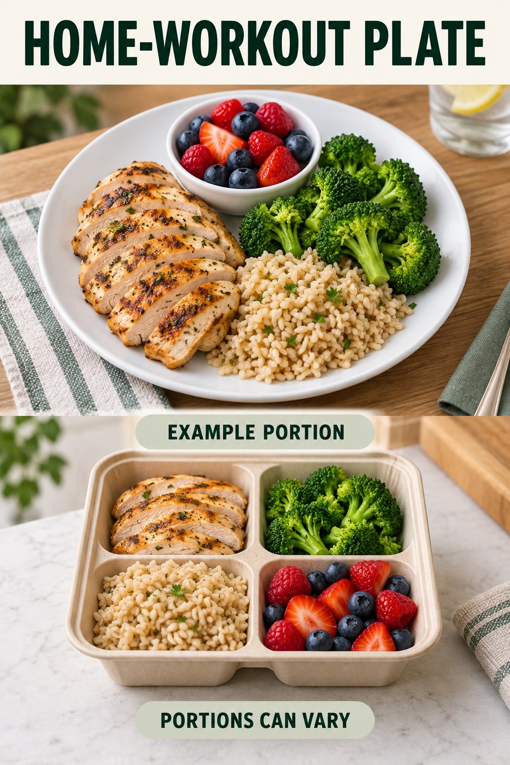 Home-Workout Plate visual using grilled chicken, brown rice, broccoli, and berries as flexible example portions for Home Workouts for Weight Loss.