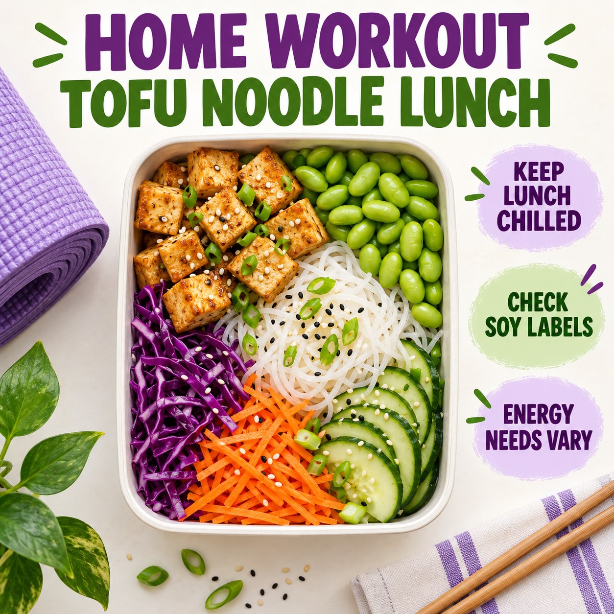 Infographic for a home-workout tofu edamame noodle lunch with chilling, soy label, and varying energy need reminders