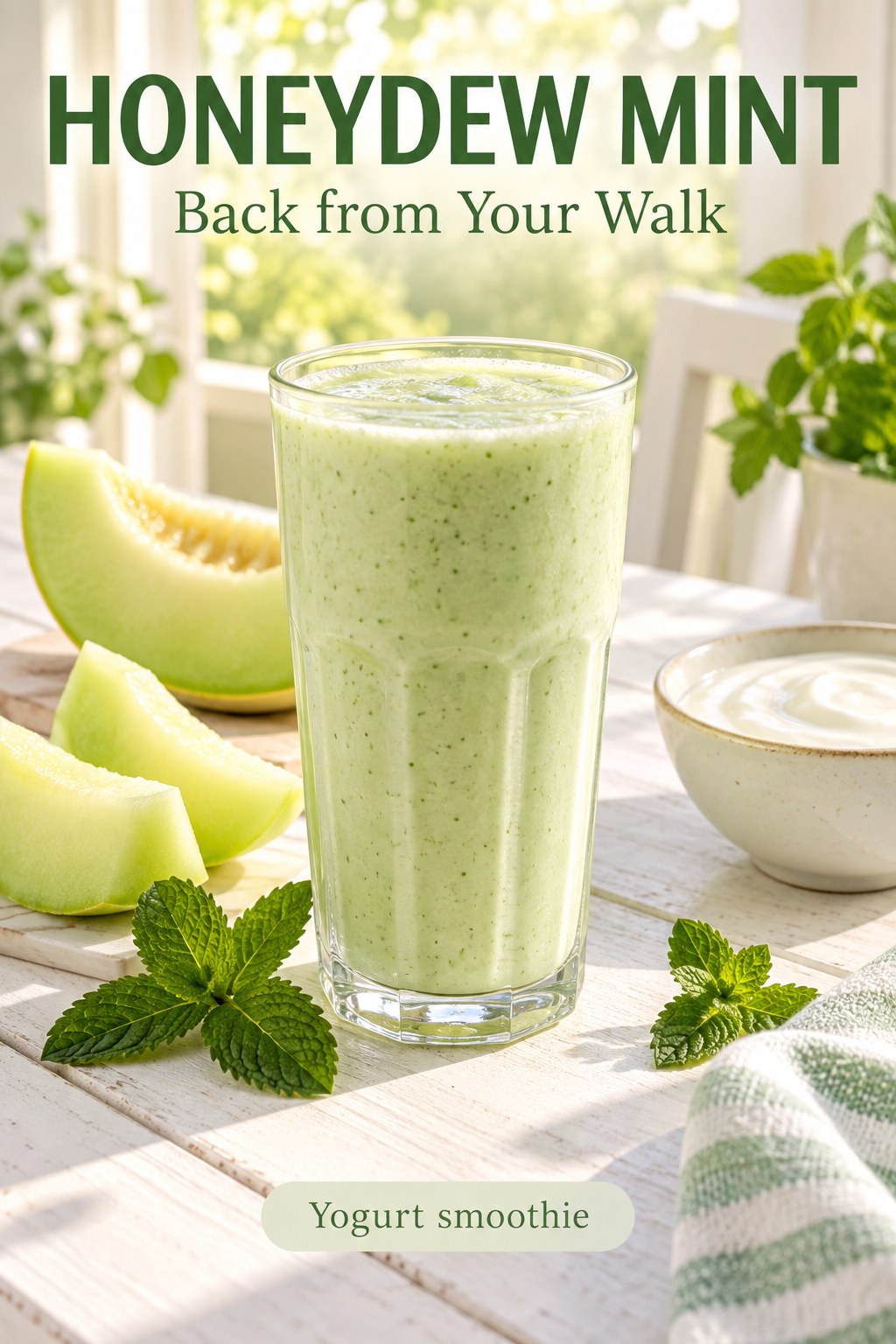 Pale green honeydew smoothie in a tall glass beside melon slices and mint, with Honeydew Mint and Back from Your Walk text.