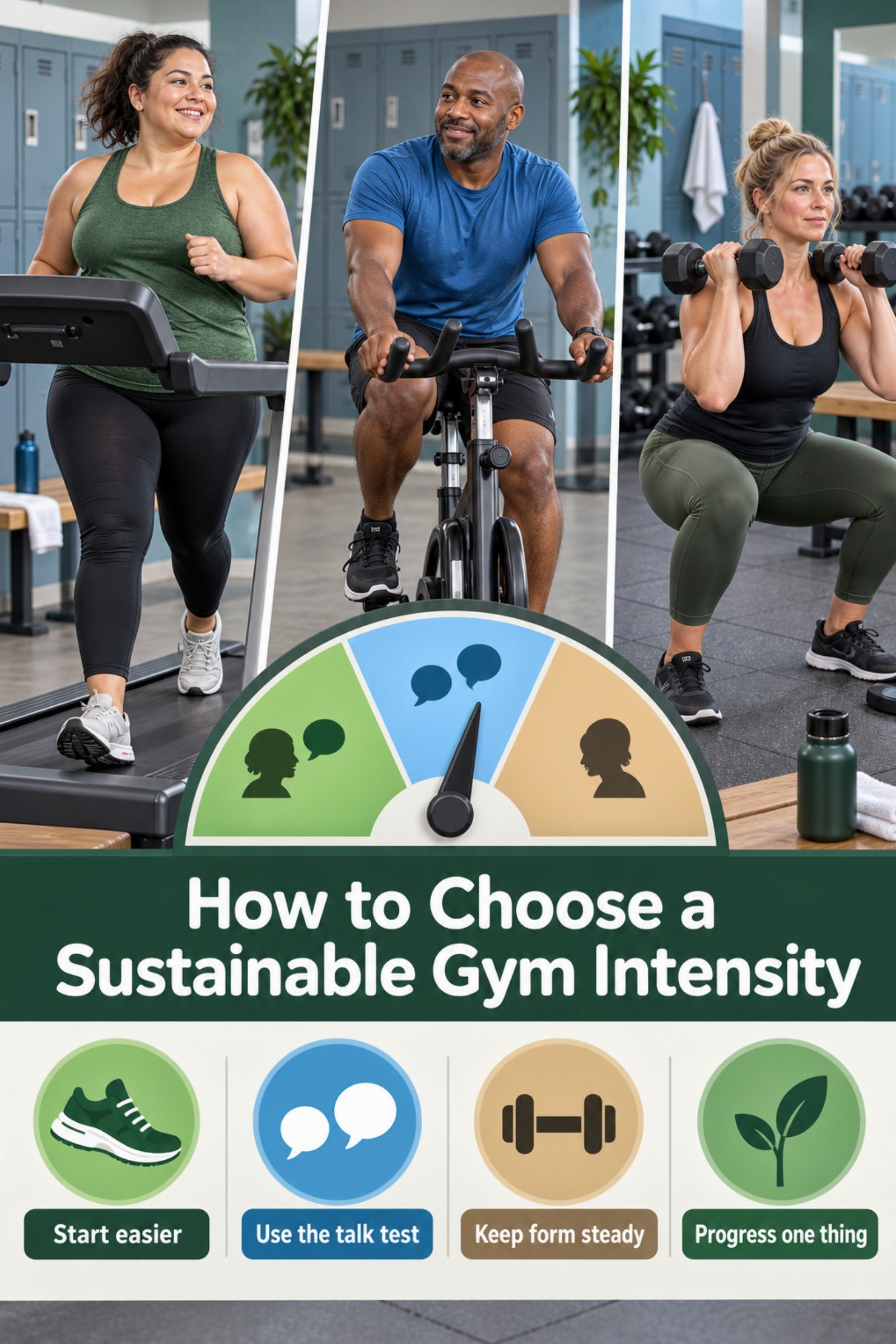 Split-screen talk-test meter with treadmill, bike, and strength stations. The image supports How to Choose a Sustainable Gym Intensity.