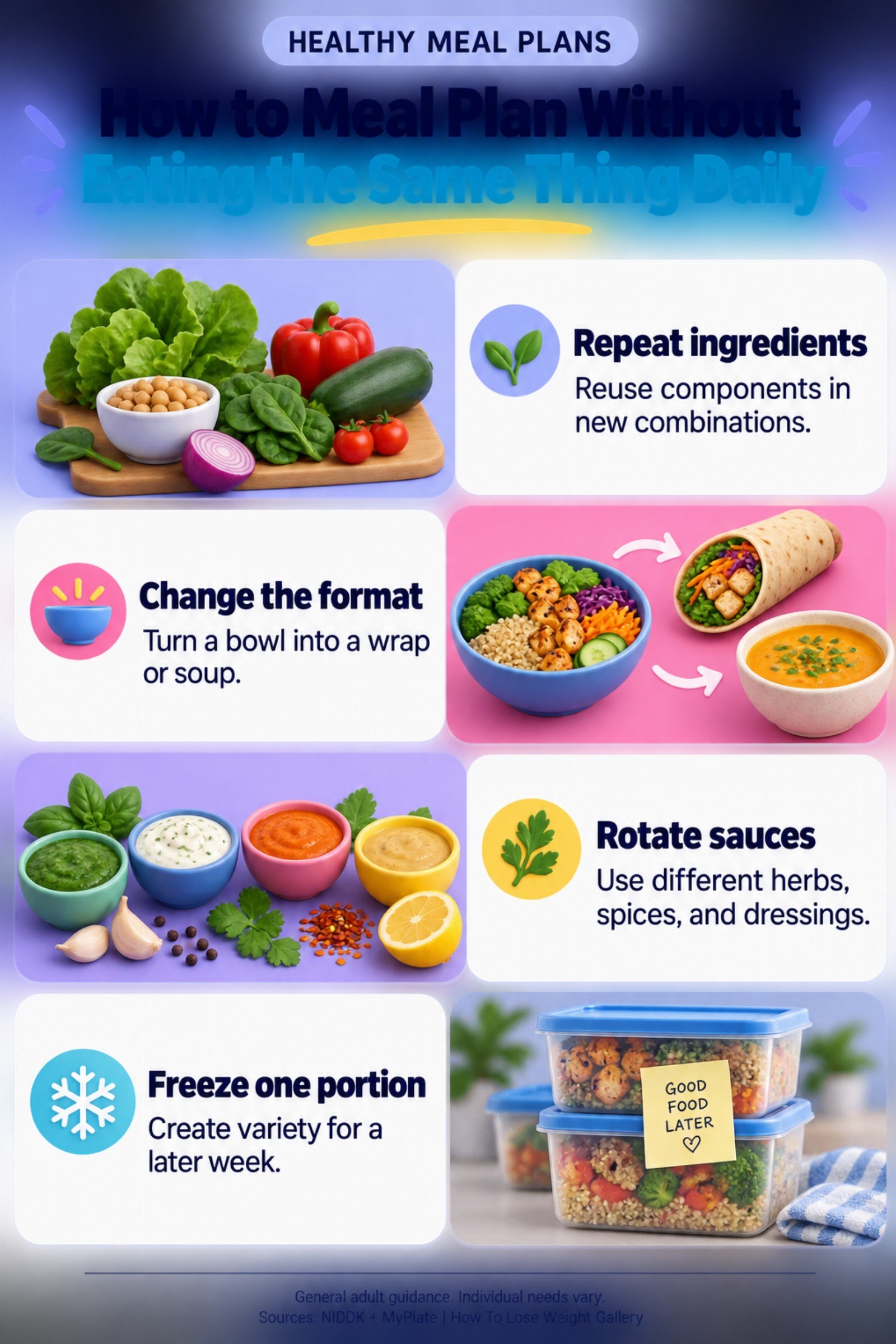 Colorful infographic titled How to Meal Plan Without Eating the Same Thing Daily with four illustrated tips for Healthy Meal Plans.