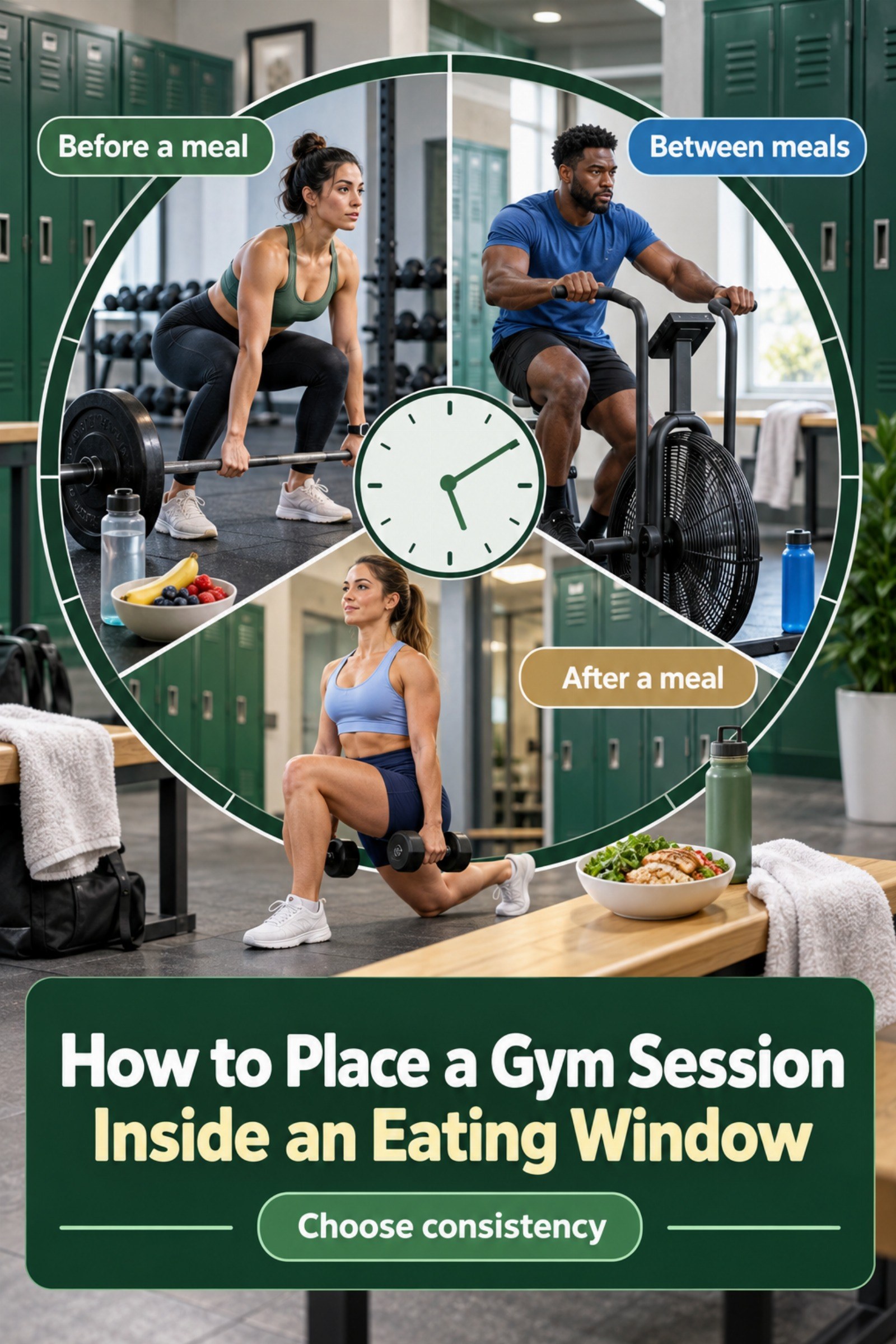 Circular clock diagram with three workout placement options. The image supports How to Place a Gym Session Inside an Eating Window.