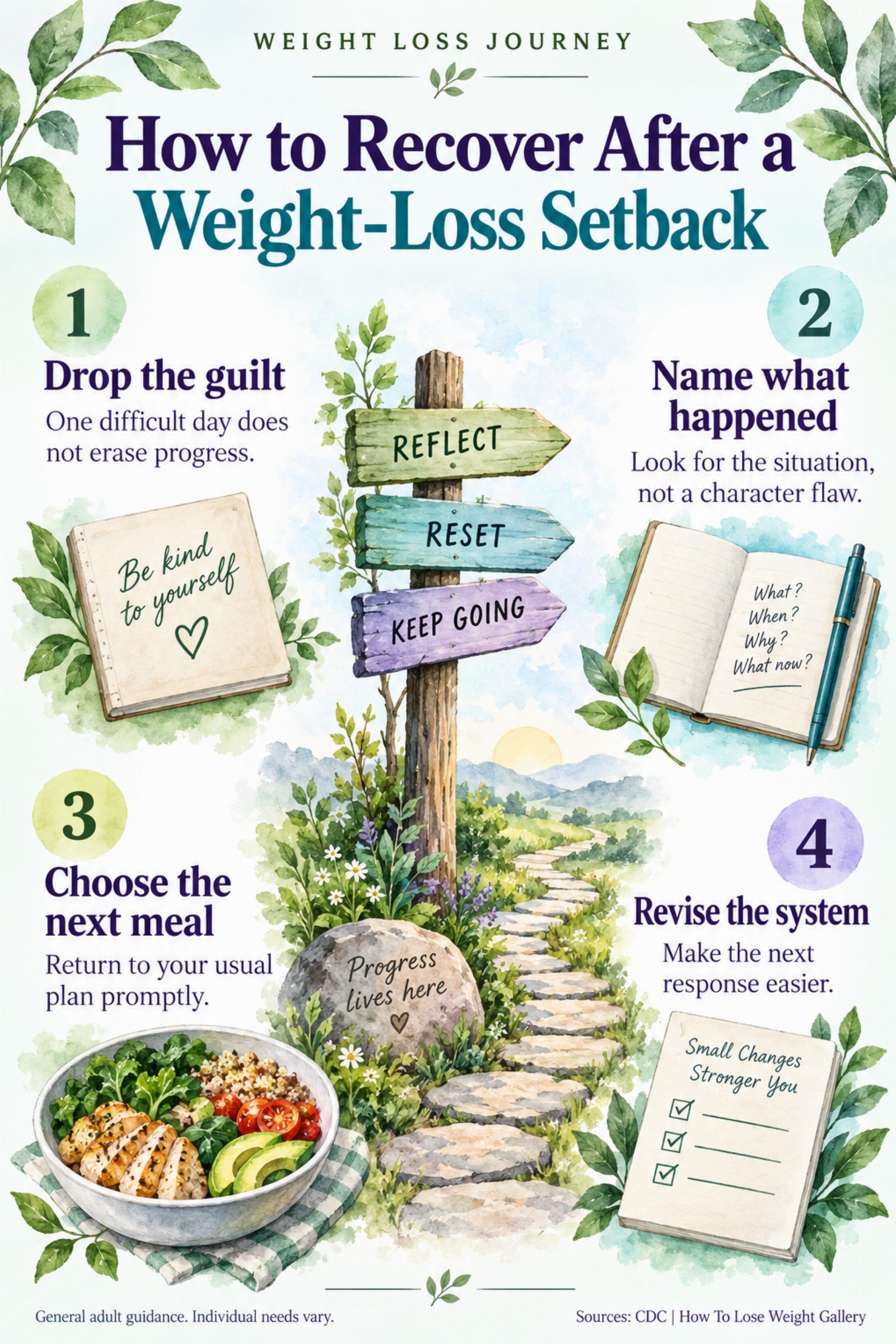 Colorful infographic titled How to Recover After a Weight-Loss Setback with four illustrated tips for Weight Loss Journey.