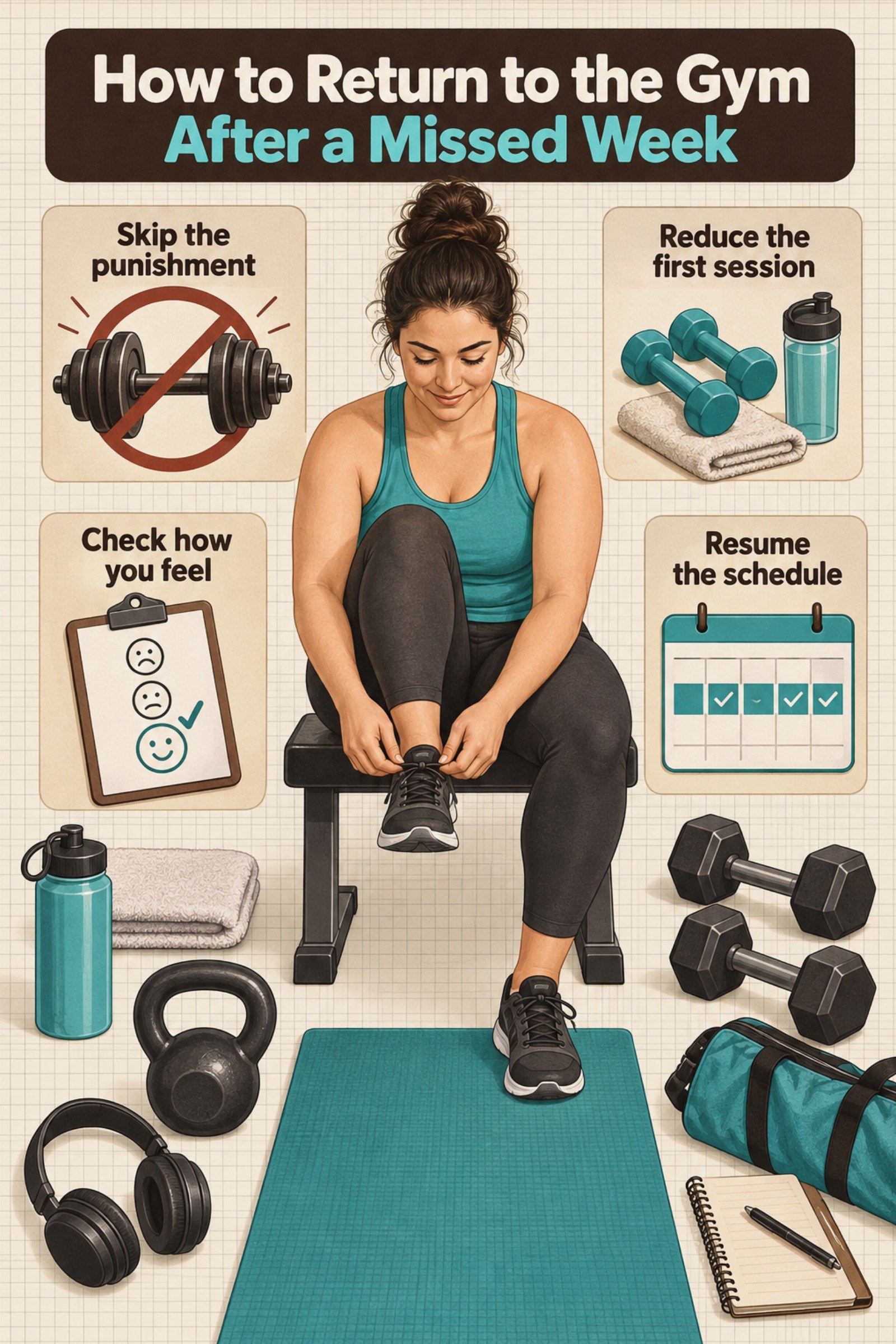 Calm editorial scene of an adult restarting with lighter settings and a short plan. The image supports How to Return to the Gym After a Missed Week.