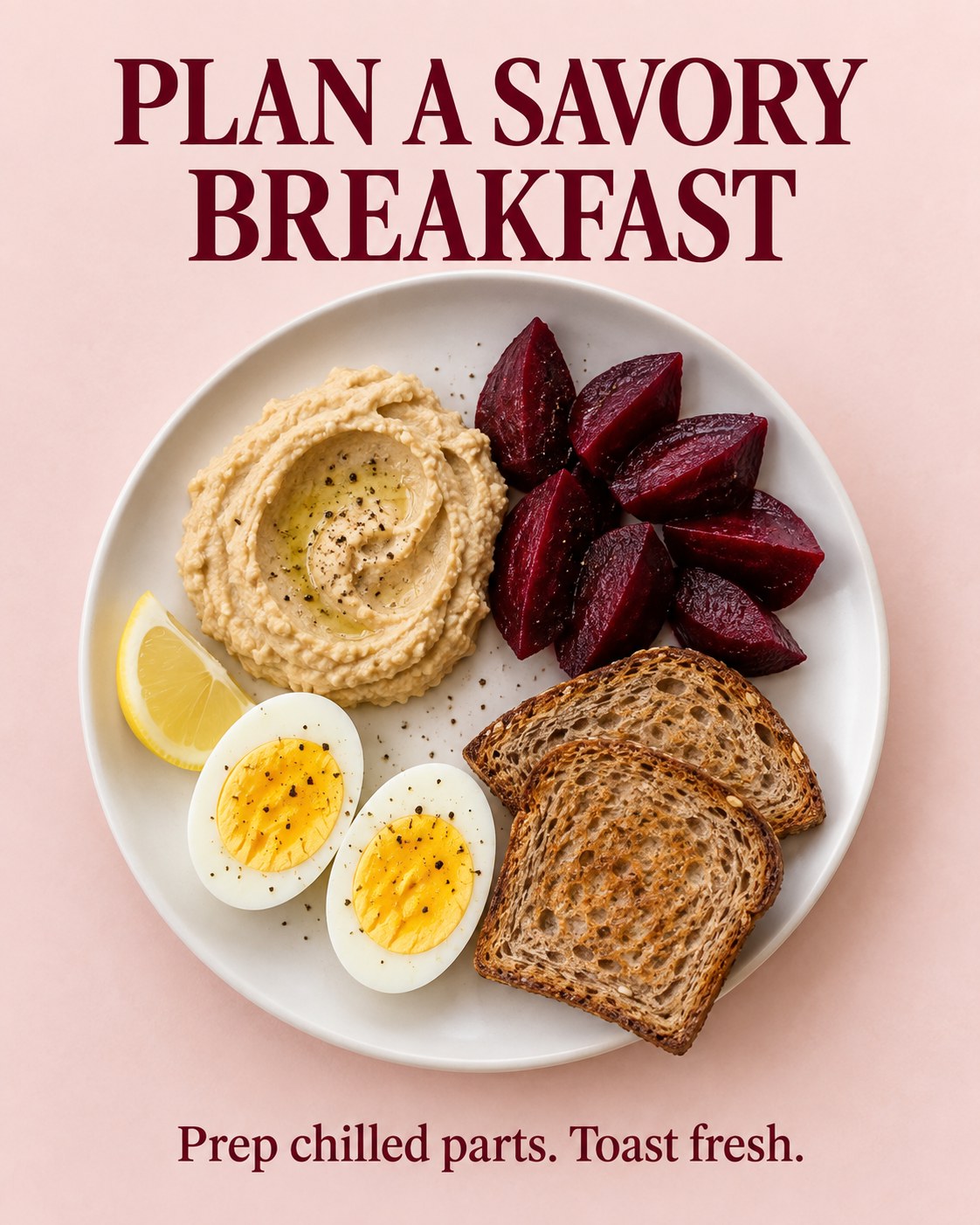 A breakfast plate with hummus, cooked beet wedges, hard-cooked egg halves, and toast beneath the words Plan a Savory Breakfast.