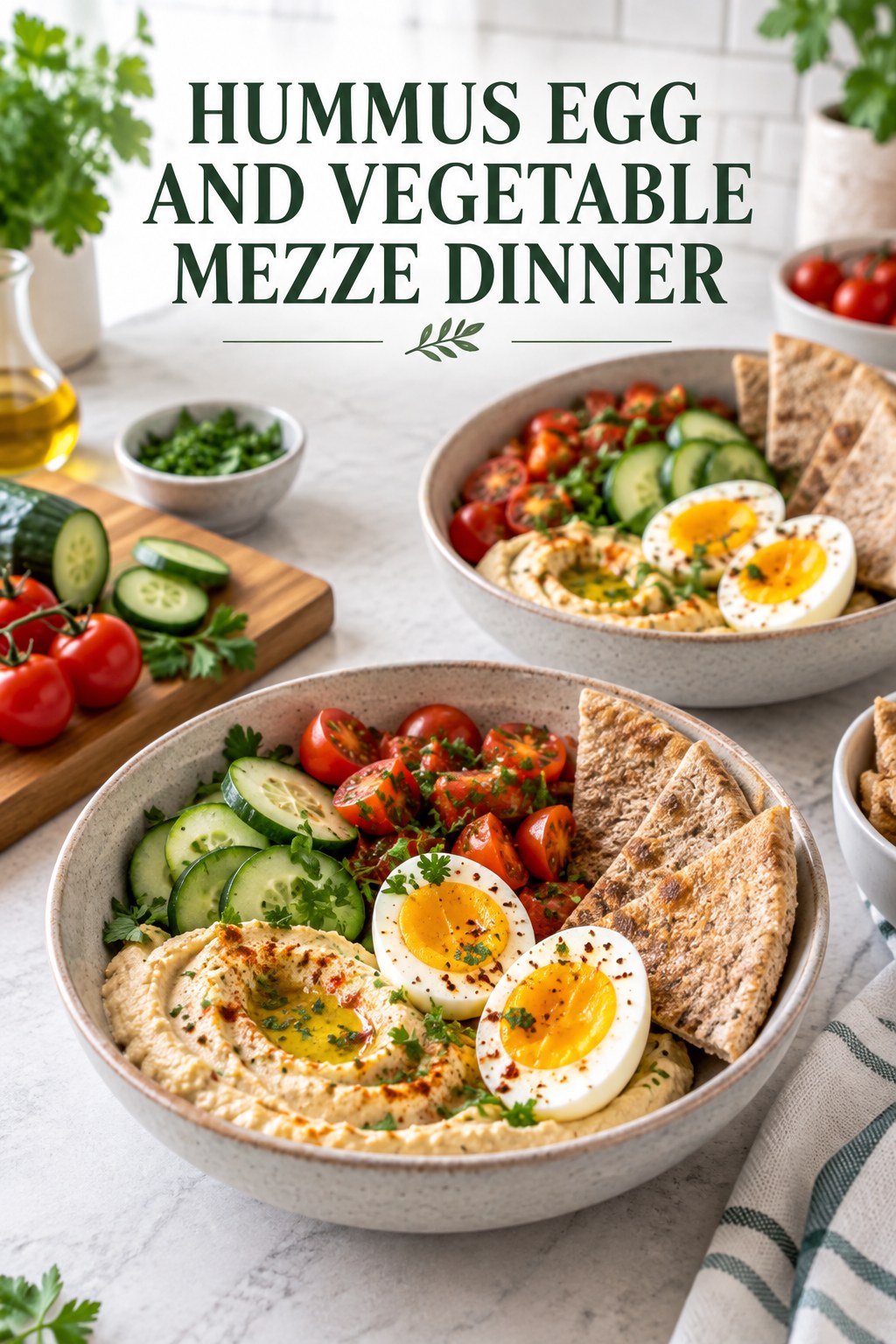Two servings of hummus egg and vegetable mezze dinner made with eggs, hummus, and vegetables.