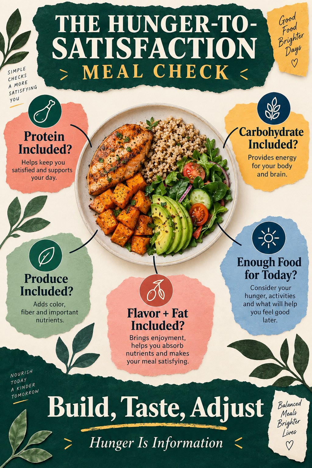 Portrait balanced-plate infographic asking about protein, carbohydrate, produce, flavor and fat, and enough food for the day.