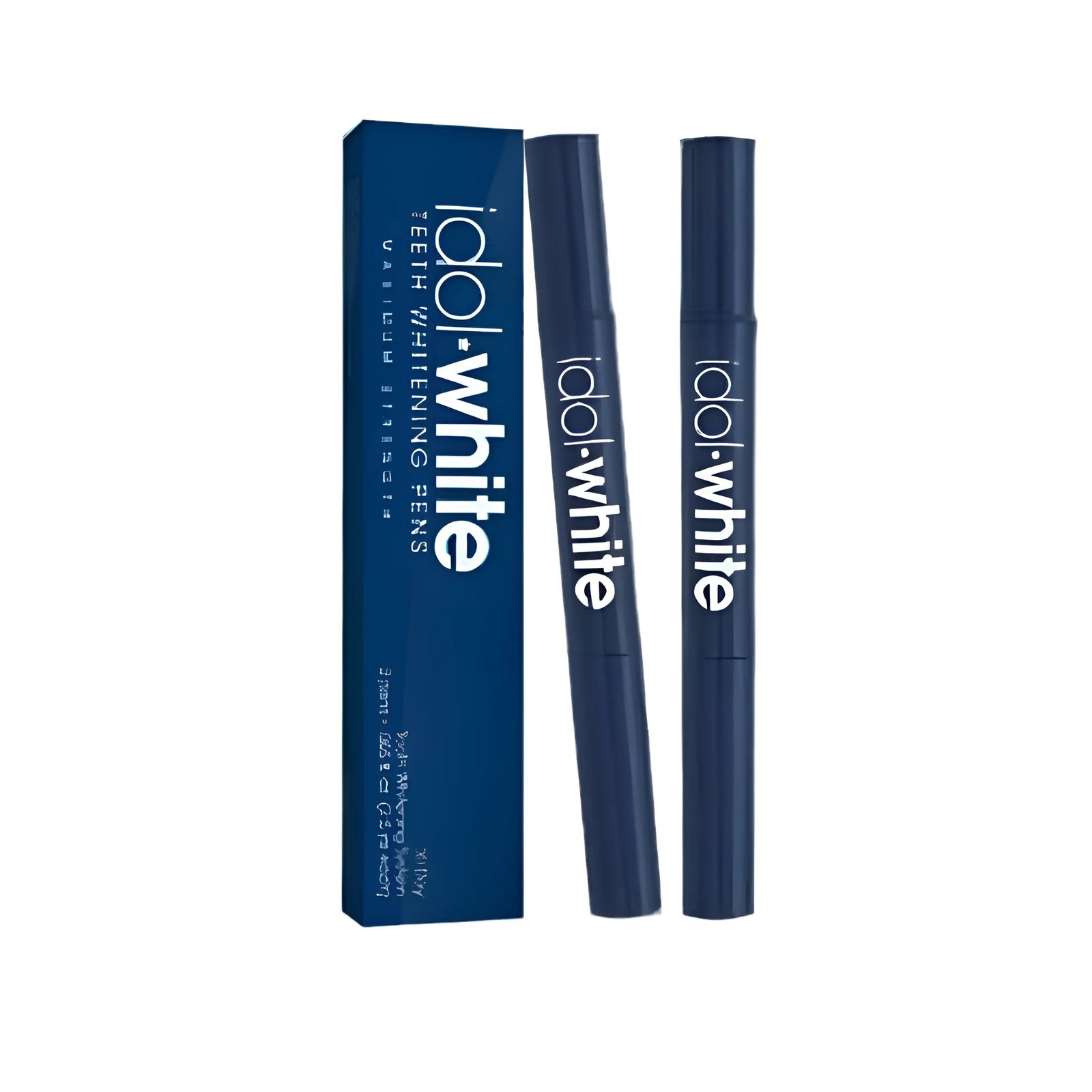 Idol White product image showing two dark blue teeth whitening pens beside a matching box