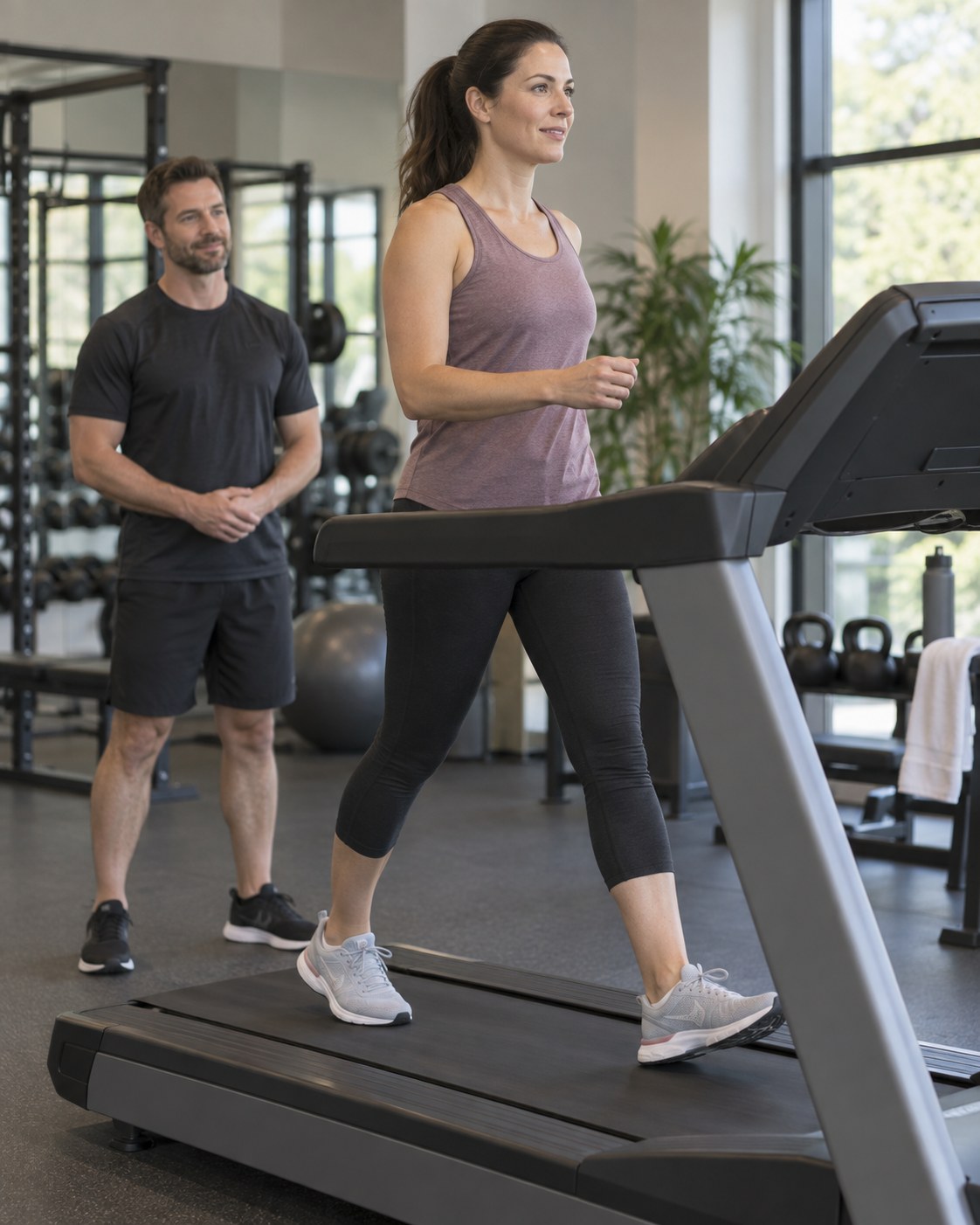 Adult walking upright on an inclined treadmill at moderate effort while a trainer observes in a clean gym
