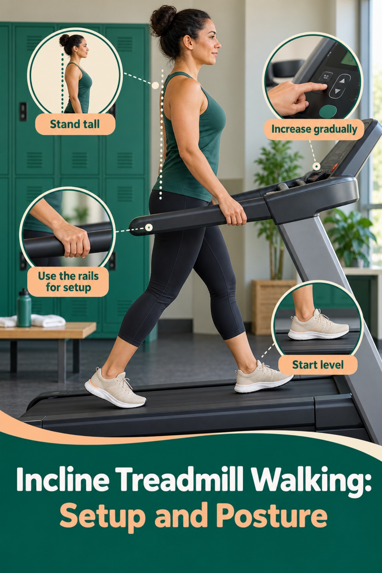 Instructional side-view diagram showing posture and console controls. The image supports Incline Treadmill Walking: Setup and Posture.