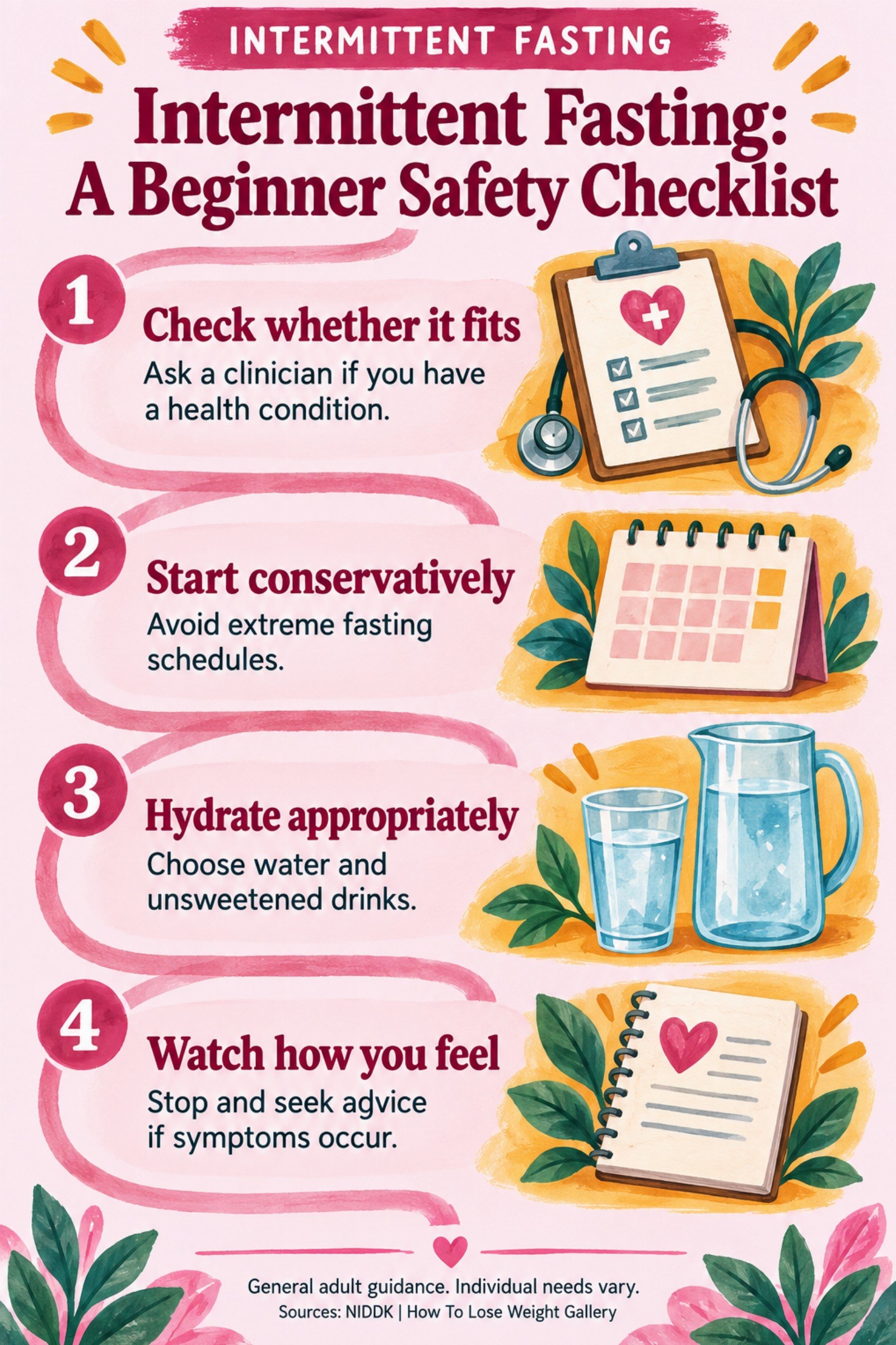 Colorful infographic titled Intermittent Fasting: A Beginner Safety Checklist with four illustrated tips for Intermittent Fasting.