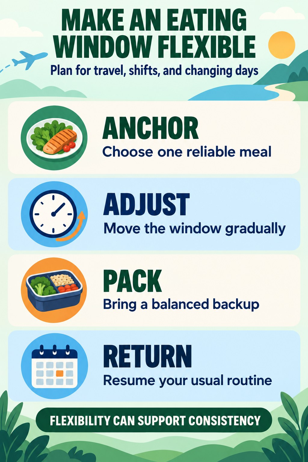 Flexible intermittent-fasting window guide for travel and shift changes