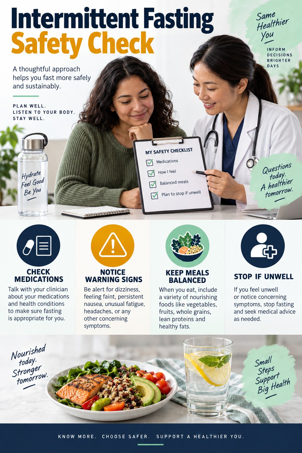 Portrait infographic showing an adult and clinician reviewing fasting medications, warning signs, balanced meals, hydration, and when to stop.
