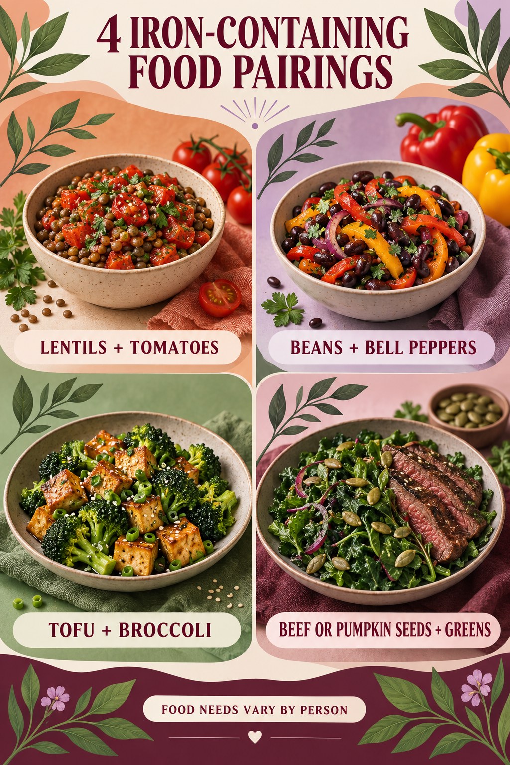Portrait food infographic showing four iron-containing meal pairings: lentils with tomatoes, beans with peppers, tofu with broccoli, and beef or pumpkin seeds with greens.