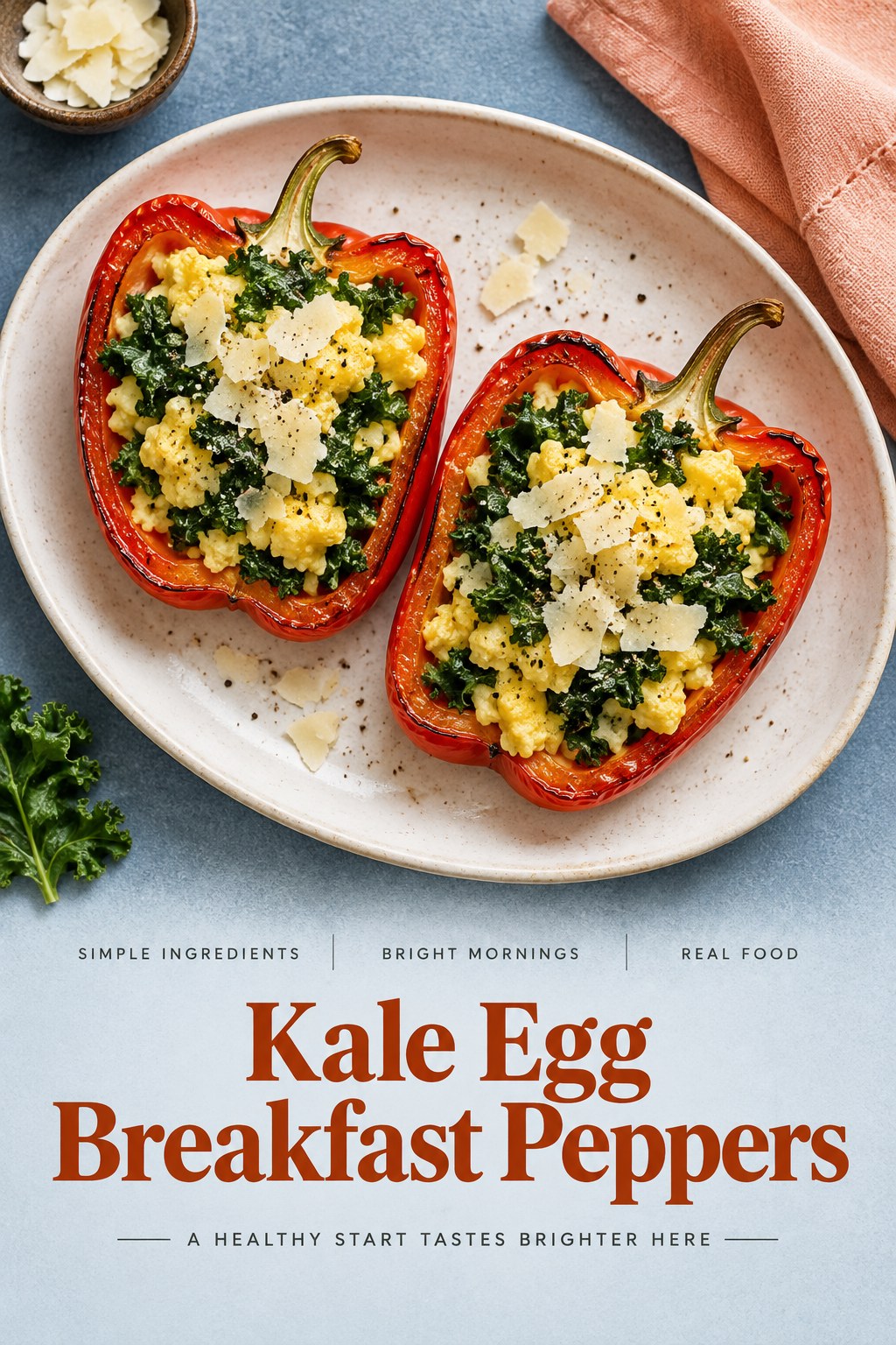 Red pepper halves filled with kale eggs and Parmesan above the words Kale Egg Breakfast Peppers.
